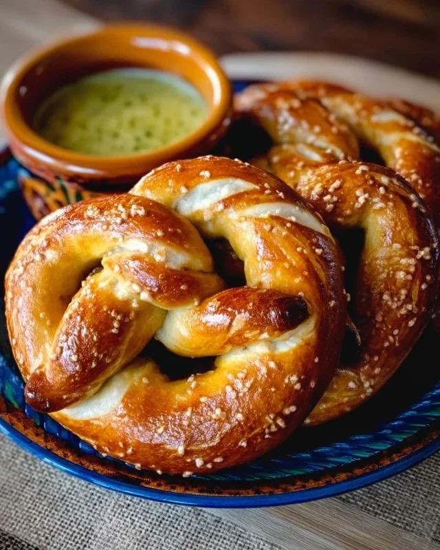 Homemade soft buttery pretzels with salsa verde cheese dipping sauce