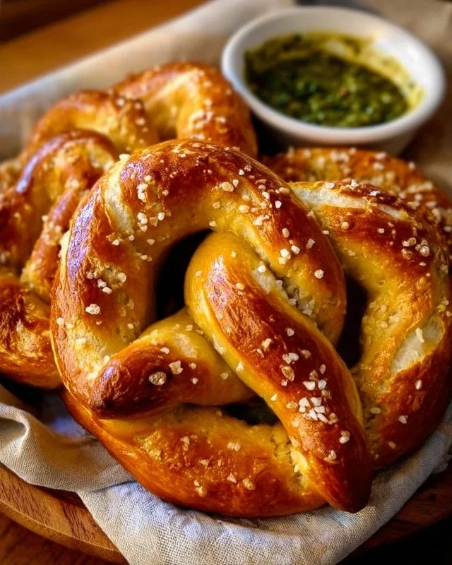 Homemade Soft Buttery Pretzels with Salsa Verde Cheese Dipping Sauce