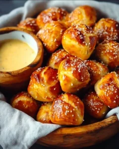 Bowl of homemade soft pretzel bites with dipping sauce