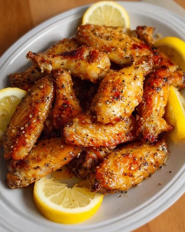 Delicious Honey Lemon Pepper Wings served on a plate with fresh lemons and herbs.
