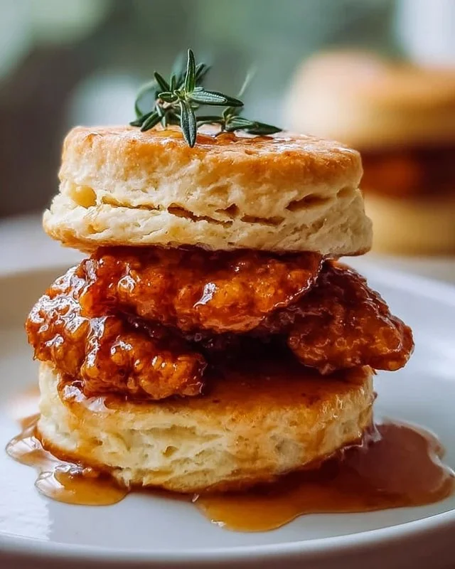 Hot Honey Chicken Biscuits with crispy chicken and sweet honey drizzle