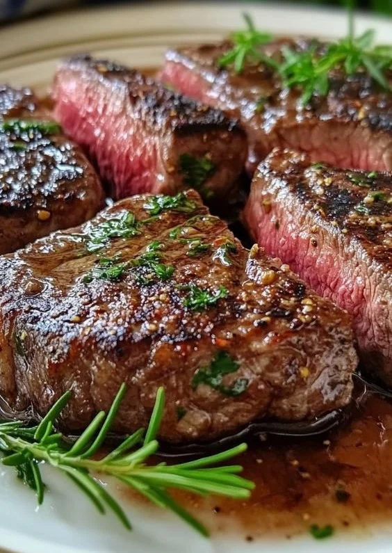 Perfectly cooked juicy steaks in the oven, showcasing a crispy sear and juicy interior.