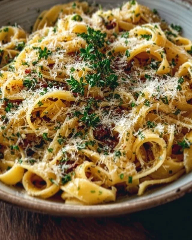 A plate of Ina Garten's delicious Midnight Pasta served with garlic and olive oil.