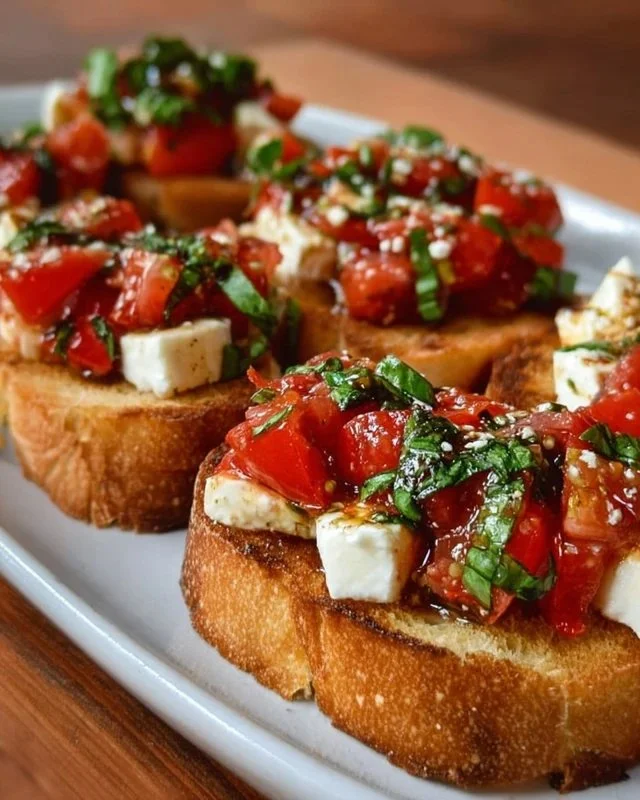 Delicious Italian bruschetta topped with fresh mozzarella and tomatoes