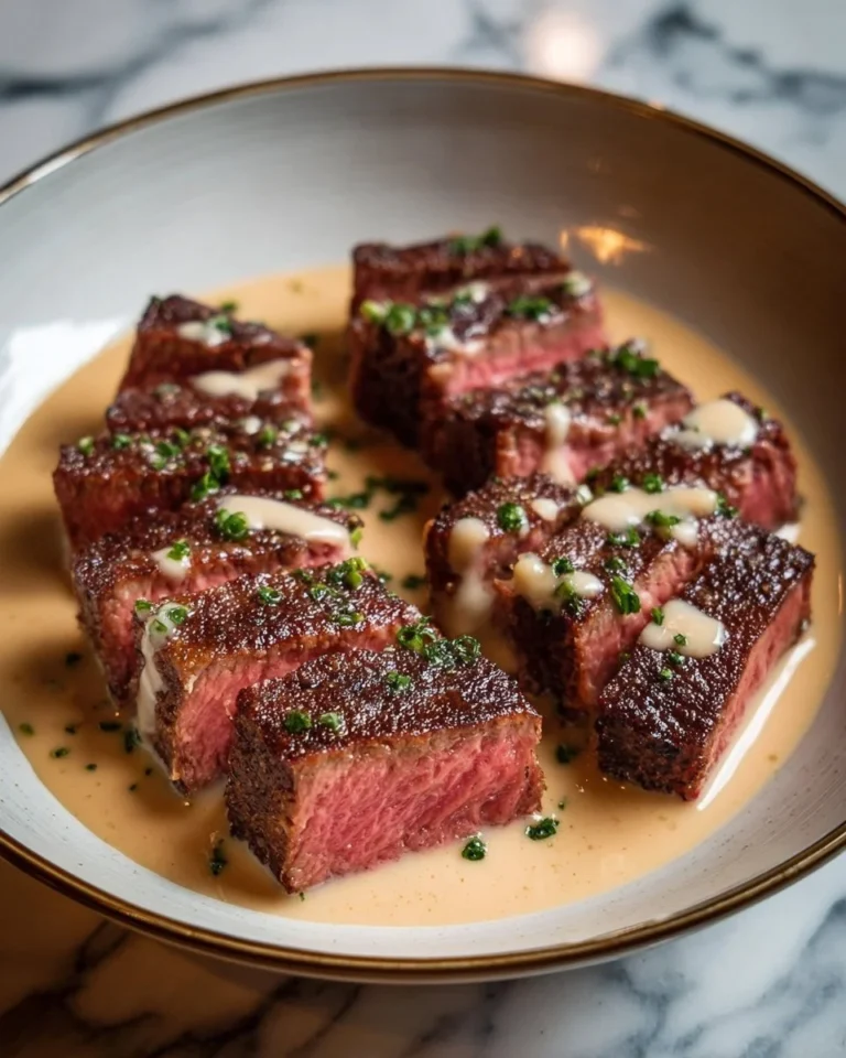 Juicy steak topped with creamy garlic sauce on a plate