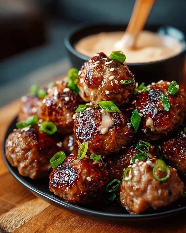 Delicious Korean BBQ Meatballs served with a spicy mayo dip.