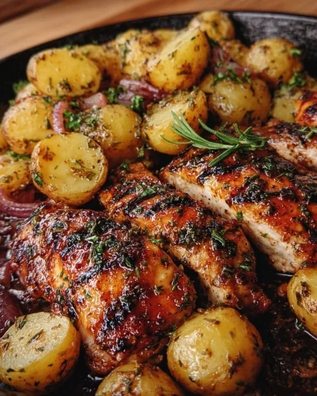 Lemon Balsamic Chicken with roasted potatoes on a dinner plate