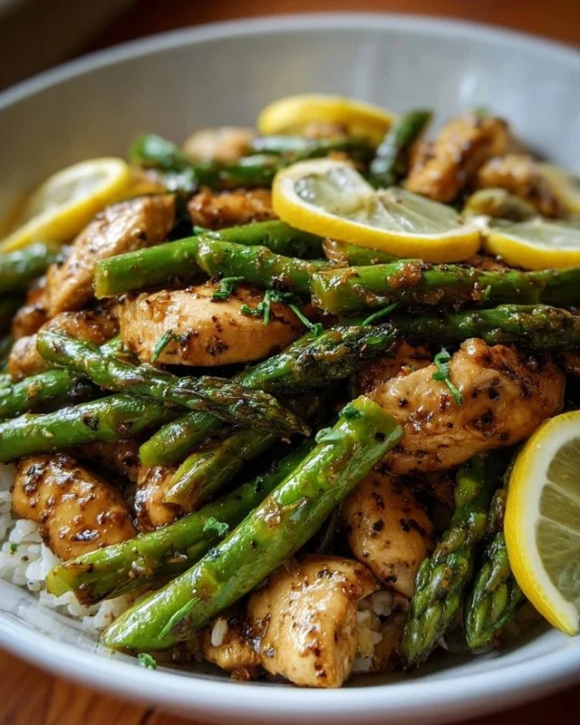 Lemon Chicken Stir-Fry with asparagus served on a plate