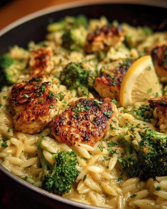 Lemon pepper chicken served with broccoli and orzo pasta on a plate