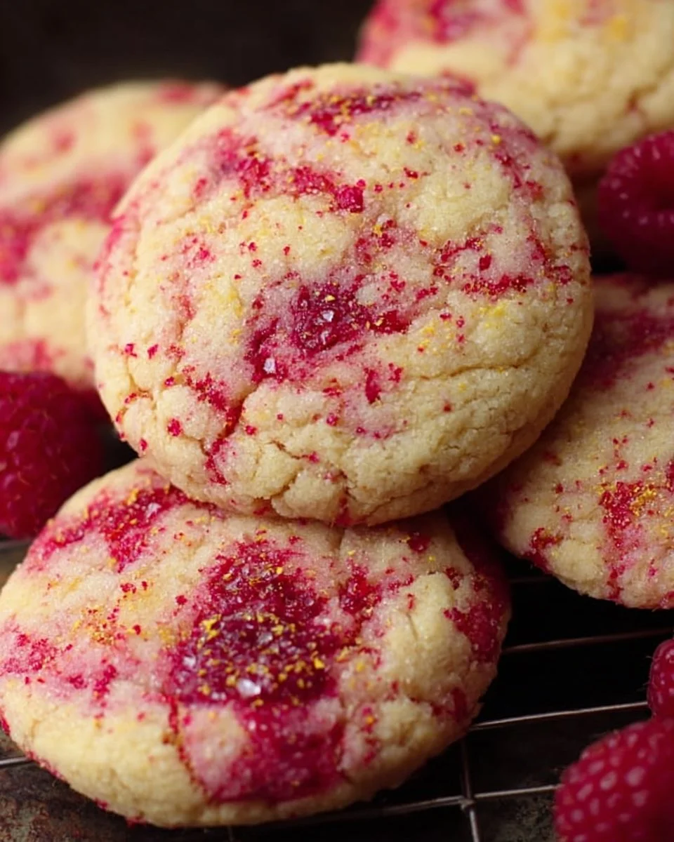 Freshly baked lemon raspberry cookies with a tart and sweet flavor combination.