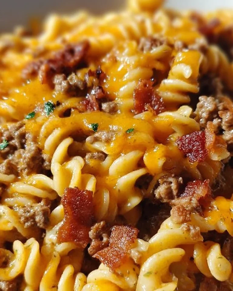 Delicious loaded Bacon Cheeseburger Pasta with cheese and bacon toppings