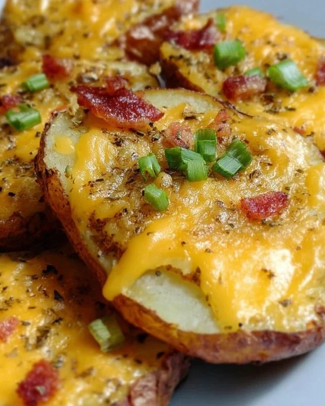 Crispy loaded baked potato slices topped with cheese, bacon, and green onions.