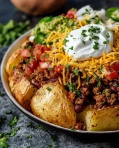 Delicious loaded potato taco bowl with toppings and spices