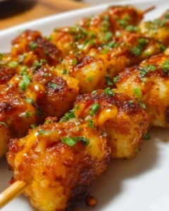 Loaded tater tot skewers topped with cheese and bacon.