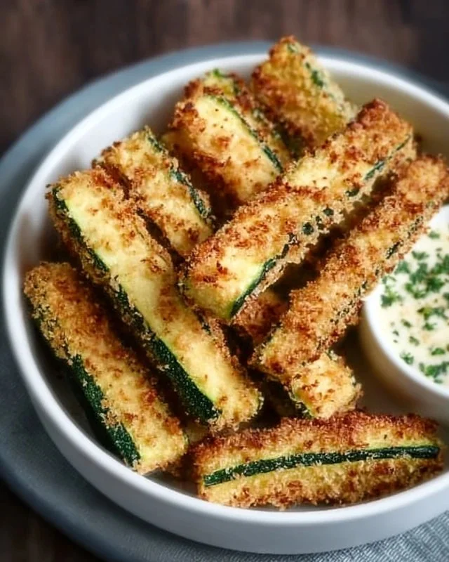 Crispy low calorie air fryer zucchini fries served in a bowl