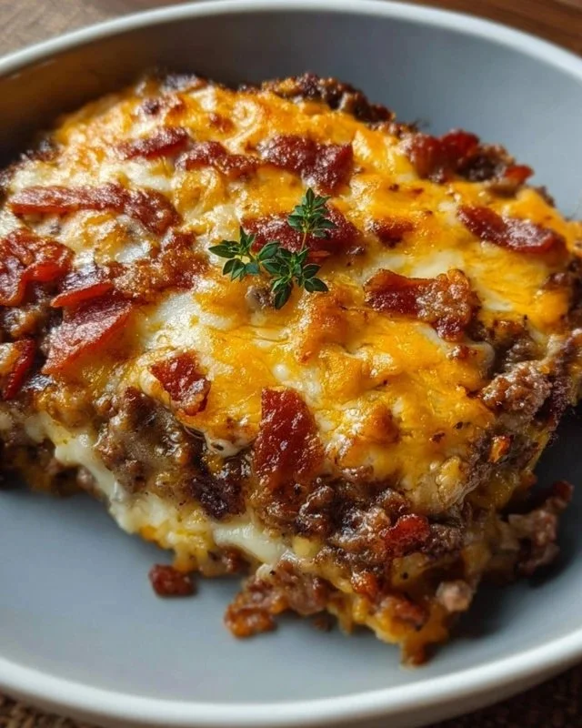 Low-carb bacon cheeseburger casserole topped with melted cheese and crispy bacon
