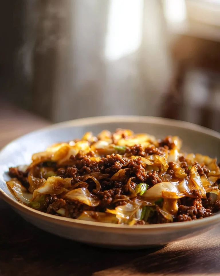 Low Carb Mongolian Ground Beef Cabbage dish served on a plate