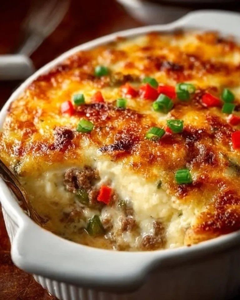 Low carb Philly Cheesesteak casserole topped with melted cheese and peppers