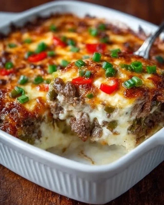 Low Carb Philly Cheesesteak Casserole with peppers and cheese