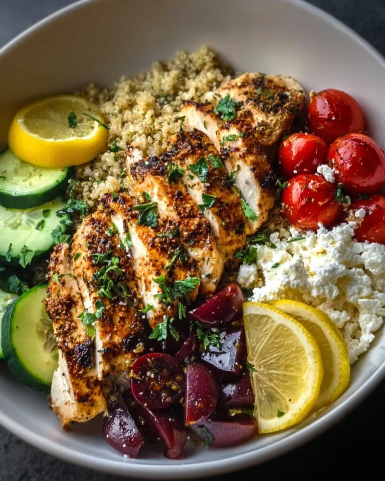 Mediterranean chicken bowl with fresh vegetables and grains for meal prep