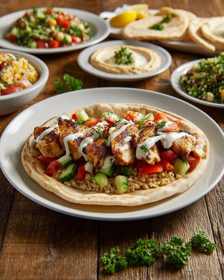 Mediterranean Chicken Gyros served with creamy feta tzatziki sauce.