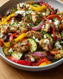 Mediterranean Chicken Stir Fry with colorful vegetables in a skillet.