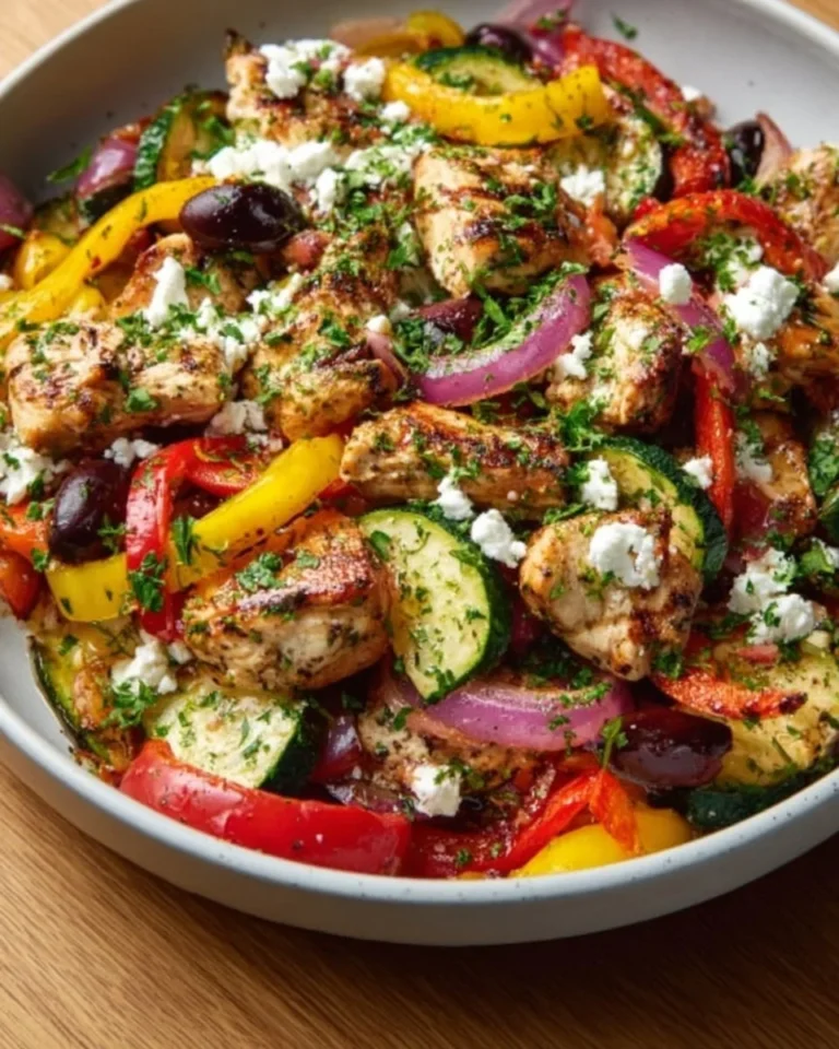 Mediterranean Chicken Stir Fry with colorful vegetables in a skillet.