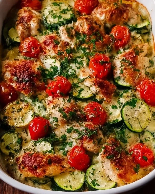 Mediterranean Chicken Zucchini Bake topped with herbs and cheese