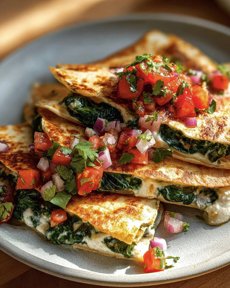 Mediterranean Quesadillas filled with spinach, feta, mozzarella, and red onion
