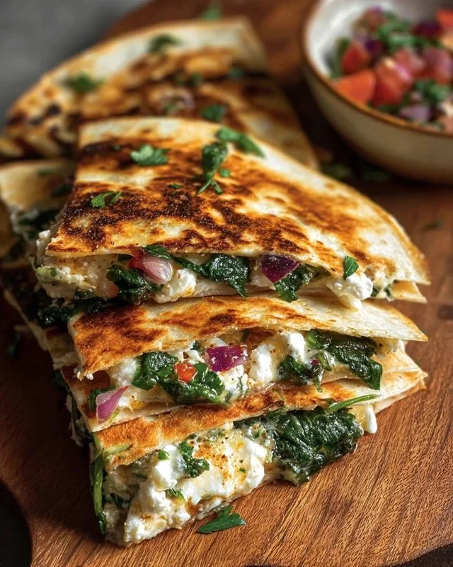 Mediterranean Quesadillas with spinach, feta cheese, mozzarella, and red onion