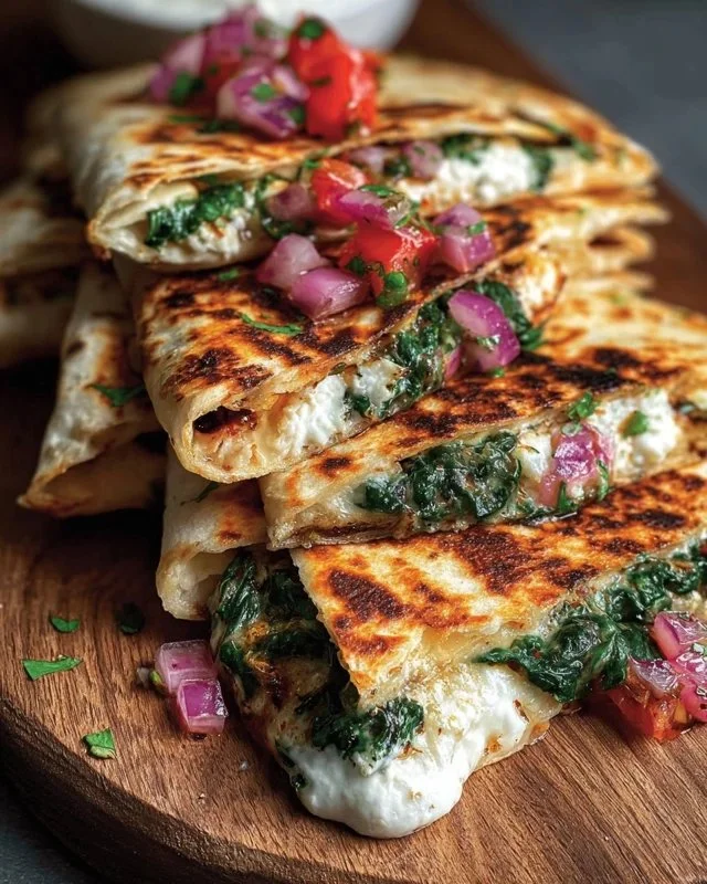 Mediterranean quesadillas with spinach, feta, mozzarella, and red onion on a plate.