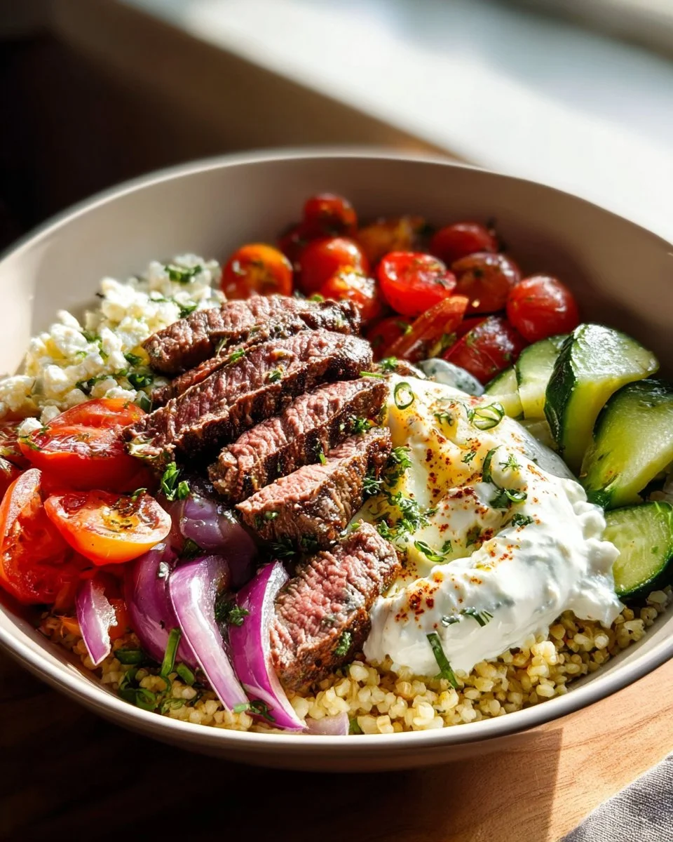Mediterranean steak bowl with fresh vegetables and flavorful ingredients