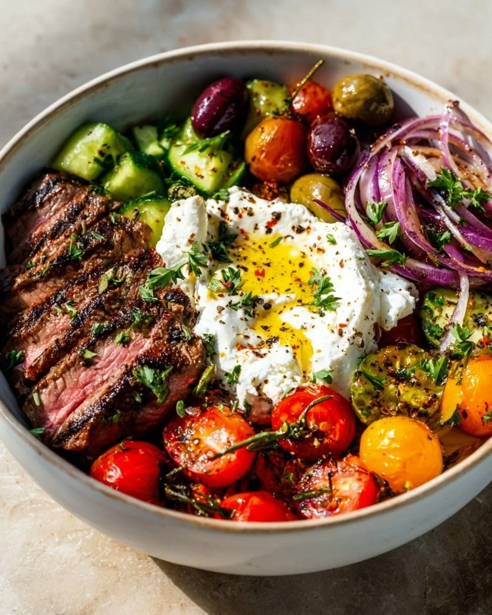 Mediterranean steak bowl with vegetables and dressing