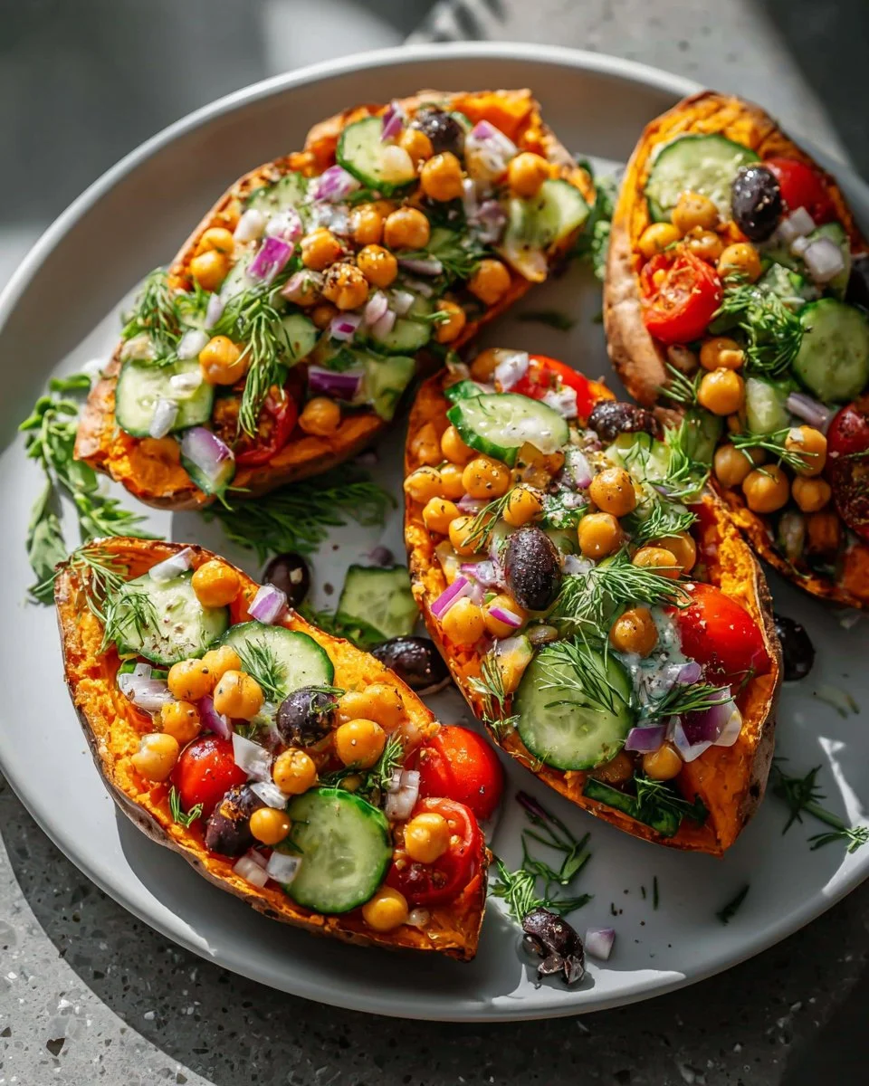 Mediterranean stuffed sweet potatoes filled with herbs and spices