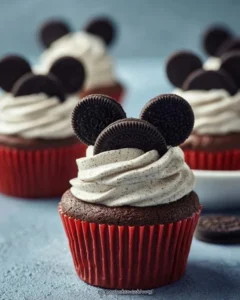 Mickey Oreo Cupcakes decorated with Mickey Mouse ears and Oreo cookies