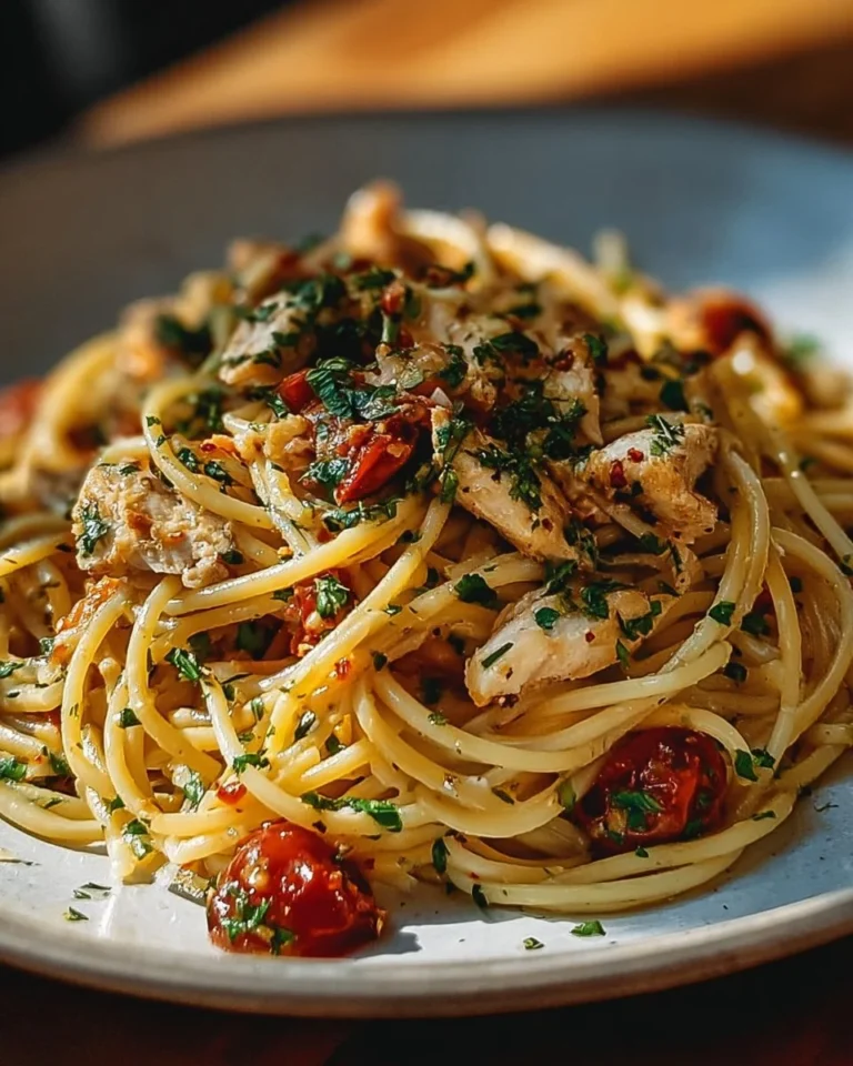 Delicious plate of Monterey Chicken Spaghetti garnished with herbs