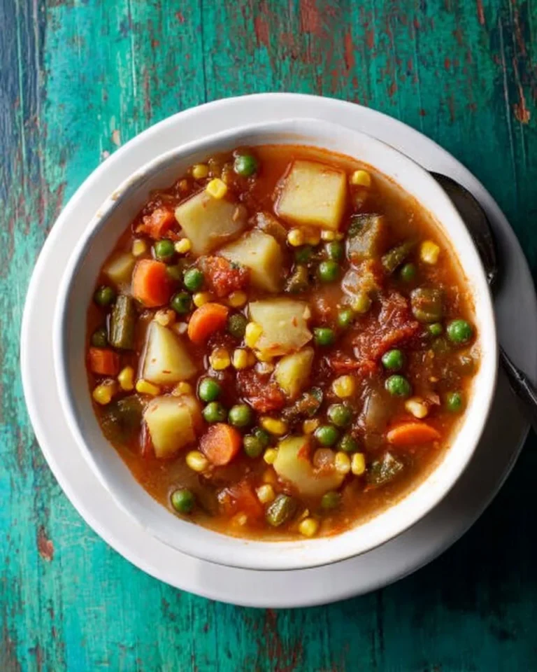 Bowl of my mom's old-fashioned vegetable beef soup with fresh veggies and tender beef.