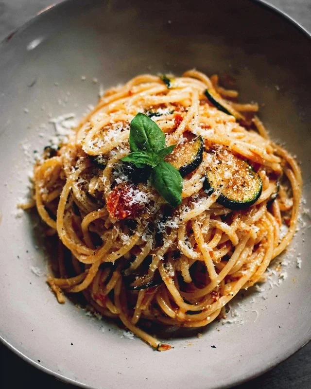 Delicious plate of Nerano Spaghetti topped with fresh zucchini and cheese