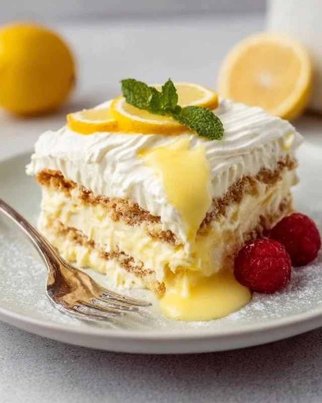 A delicious no-bake lemon icebox cake with layers of creamy lemon filling and graham crackers.