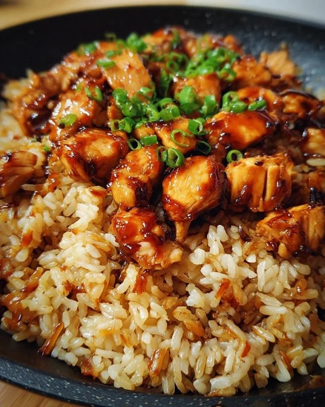 One-Pan Bold Honey BBQ Chicken Rice served in a bowl with fresh herbs