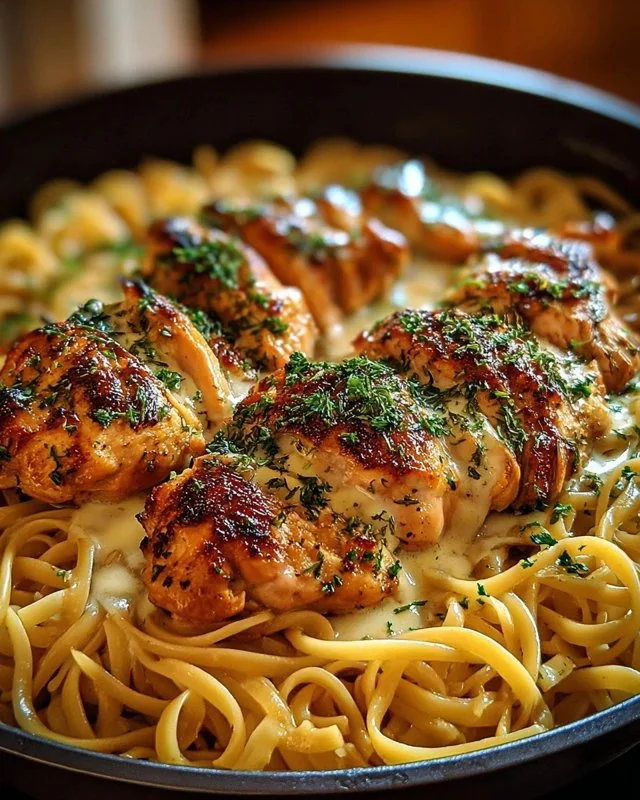 Delicious one-pan chicken served with buttered noodles on a plate