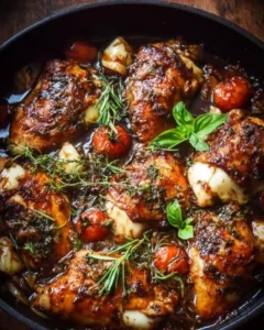 One-pan juicy chicken with balsamic sauce garnished with herbs