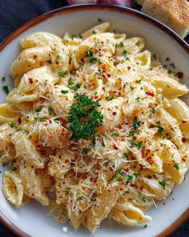 One Pot Creamy Garlic Pasta garnished with parsley and served on a plate