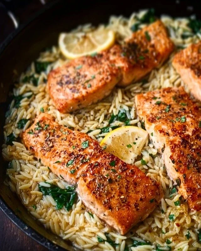 Skillet salmon served with lemon orzo in a vibrant dish, ready to enjoy.