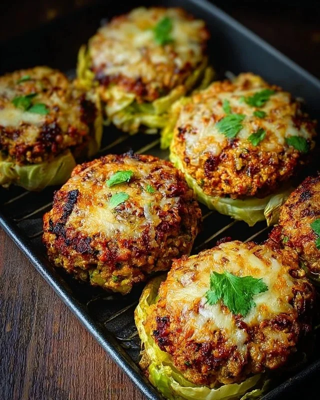 Healthy oven-baked cabbage burgers with fresh ingredients served on a plate.