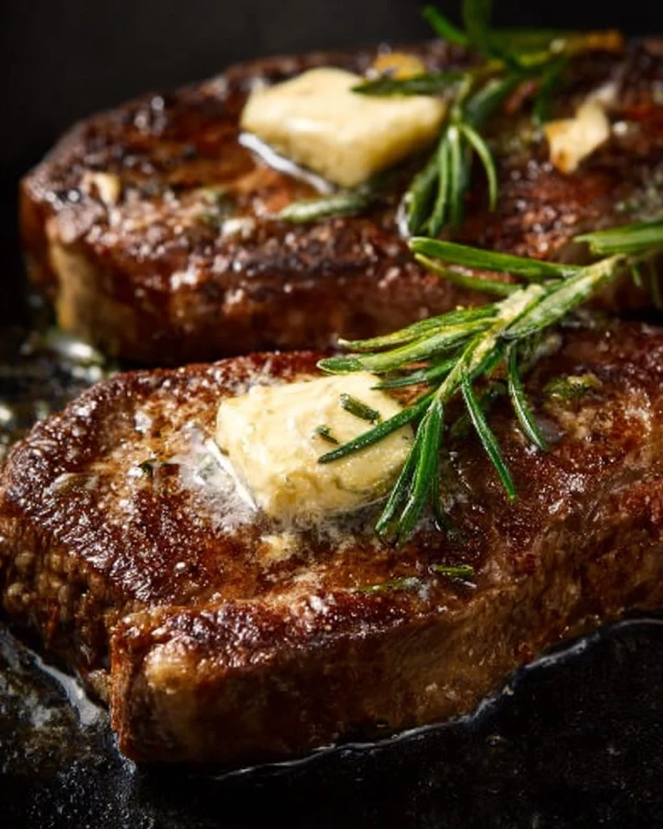 Delicious pan-seared steak topped with garlic butter, garnished with fresh herbs.