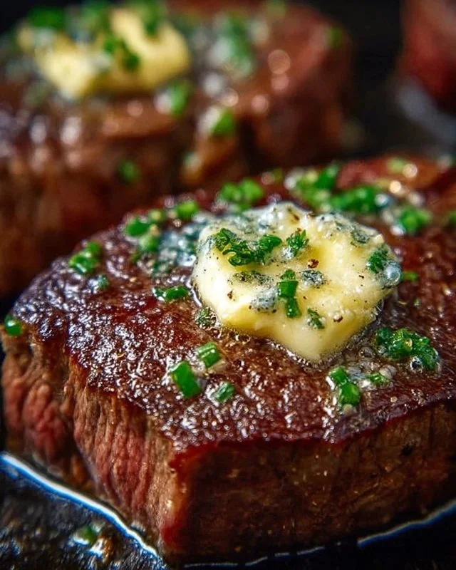 Pan seared steak with garlic butter garnished with herbs