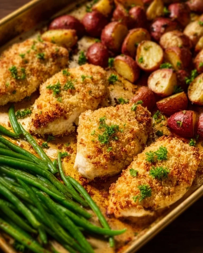 Delicious Parmesan Crusted Chicken cooked on a sheet pan with vegetables.