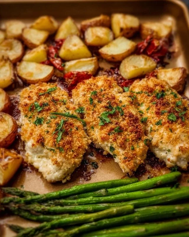 Parmesan Crusted Chicken served with vegetables on a sheet pan