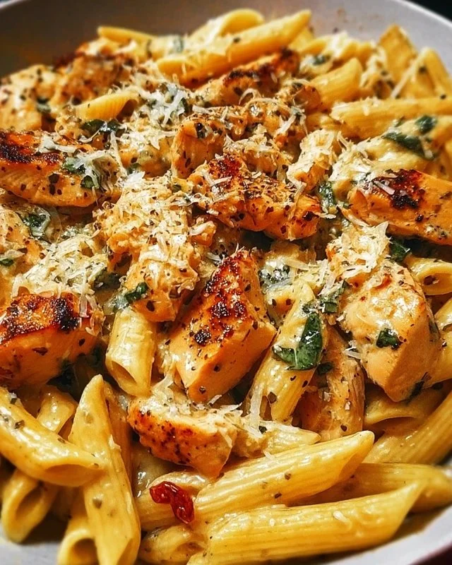 Plate of Parmesan Marry Me Chicken Pasta garnished with herbs